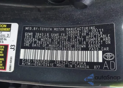 2011 Toyota Corolla S from USA, damaged, VIN 2T1BU4EEXBC688929